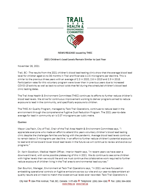 Media Release - 2021 Children's Lead Levels Remain Similar to Last Year
