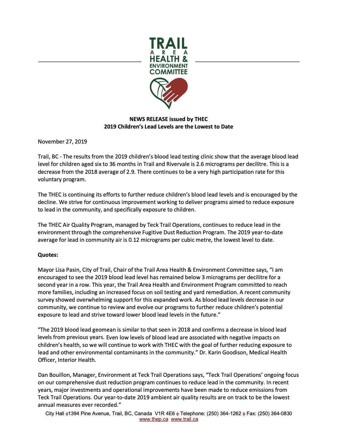 Media Release – 2019 Children’s Blood Lead Testing