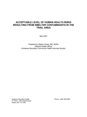 Acceptable Level of Human Health Risk Resulting from Smelter Contaminants in the Trail Area (Ames, 2001)