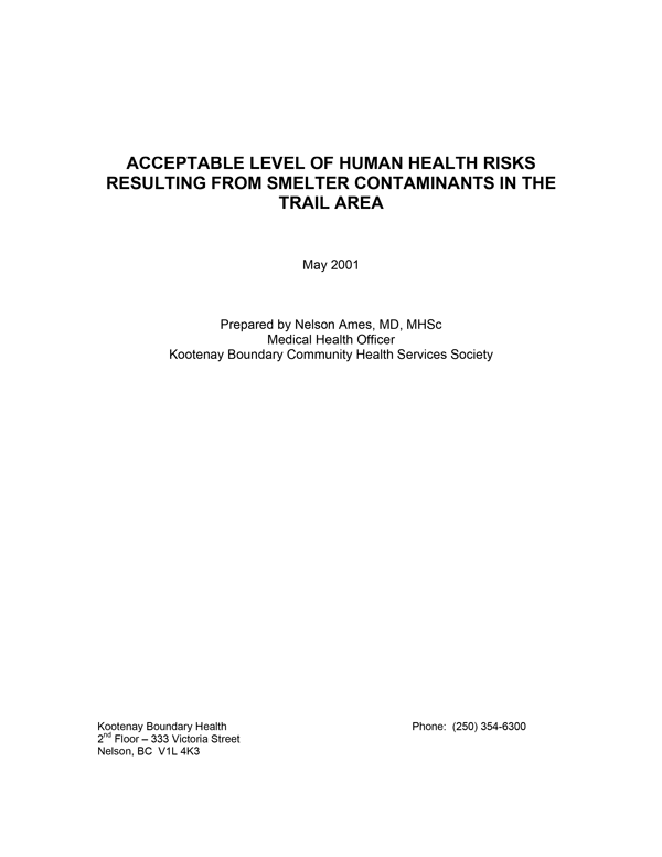 Acceptable Level of Human Health Risk Resulting from Smelter Contaminants in the Trail Area (Ames, 2001)