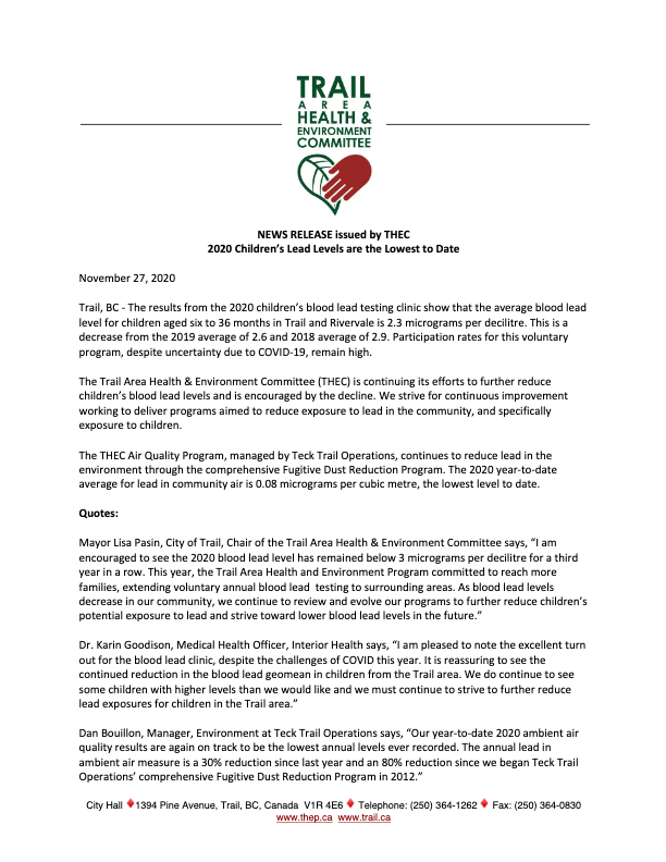 Media Release - 2020 Children’s Lead Levels are the Lowest to Date-thumbnail
