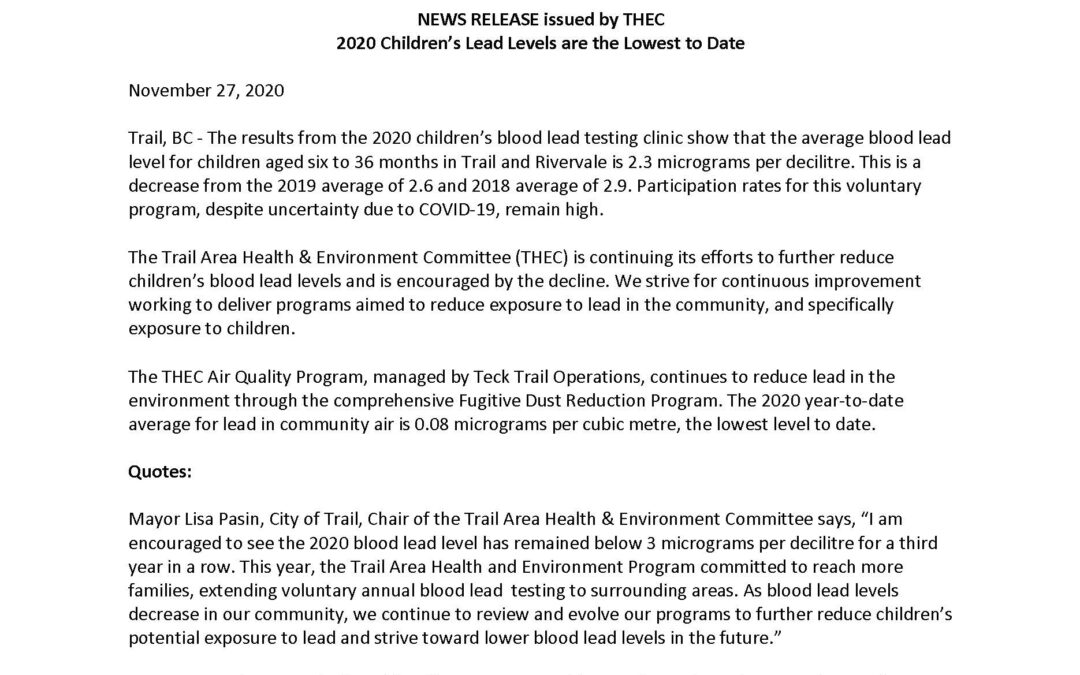 Media Release – 2022 Children’s Lead Levels Continue to Decline