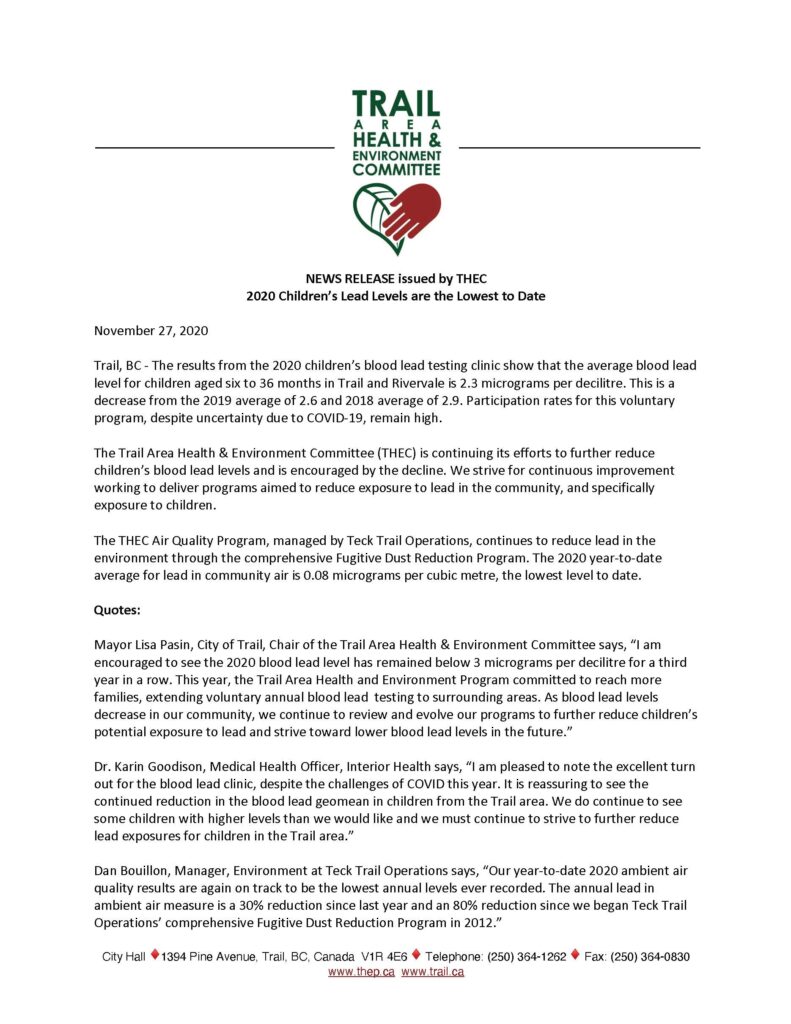 2020 Blood Lead Levels news release